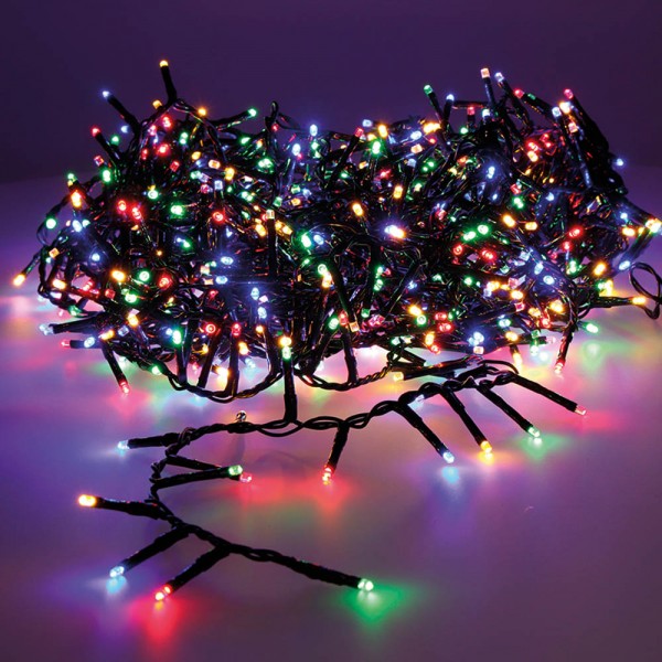 Guirnalda multifunción, uso exterior, led compact, multicolor y blanco cálido, cable verde, 500 leds, 14 m